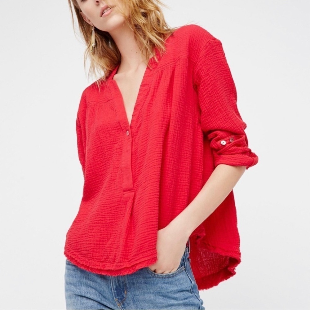 Free People Red Changing Horizons Gauze Deep V-Neck Blouse Size Small